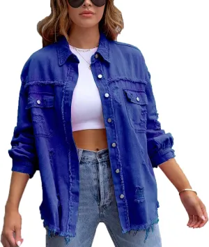 VIVICOLOR Women's Frayed Denim Trucker Jackets Women's Ripped Oversized Denim Jacket Washed Distressed Jean Jacket