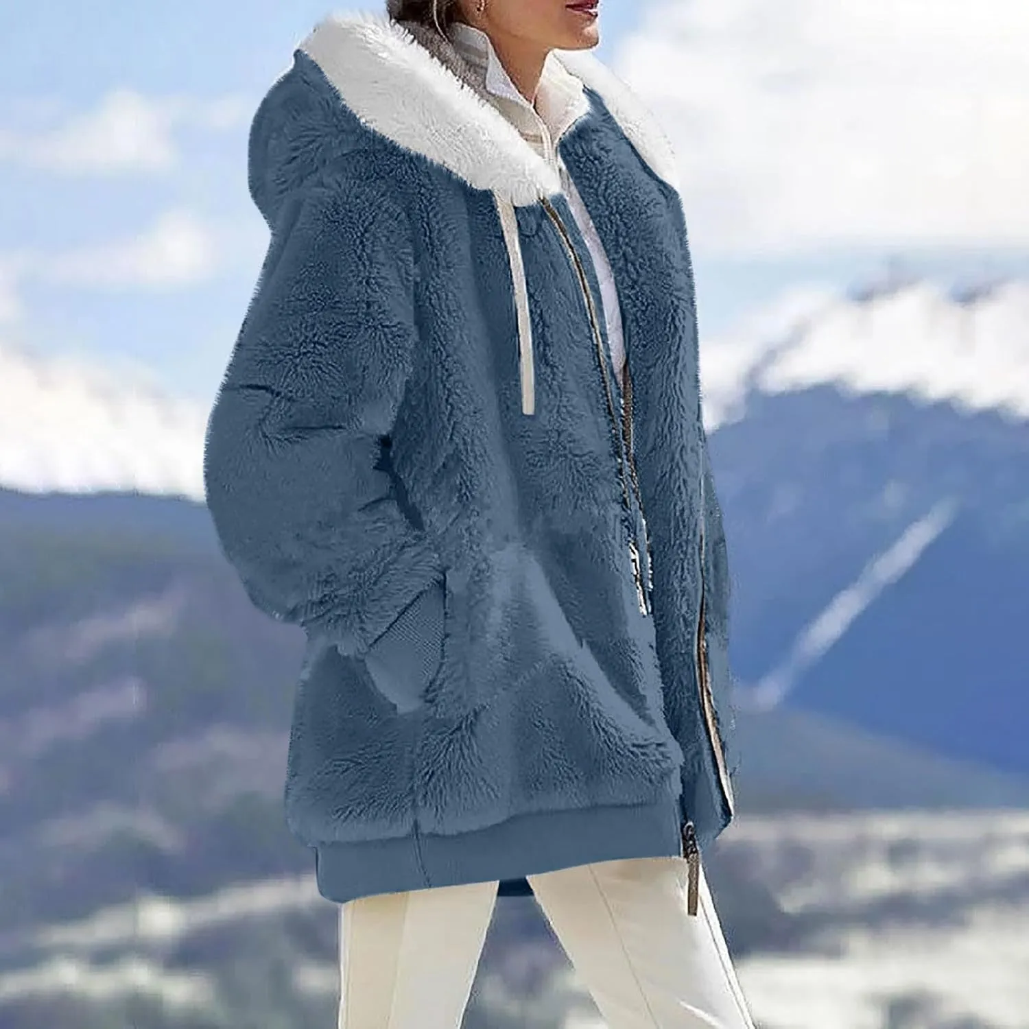 Winter Coats for Women Hooded Sherpa Jacket Fleece Oversized Trendy Color Block Jackets Warm Outerwear 2024