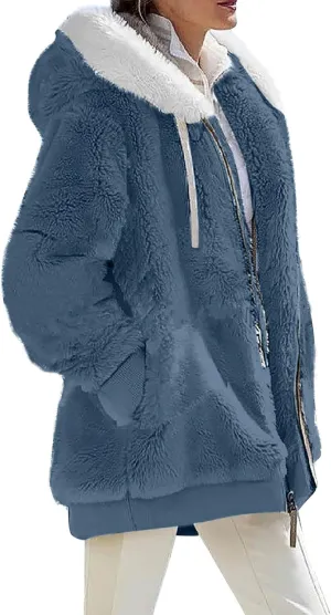 Winter Coats for Women Hooded Sherpa Jacket Fleece Oversized Trendy Color Block Jackets Warm Outerwear 2024