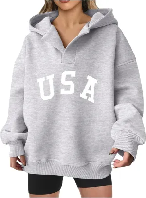 Woman Sweatshirt Fashion Letter Pattern Neck Hooded Long Sleeve Hoodie Top Loose Solid Vacation Sweatshirt