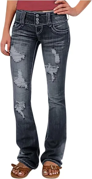 Women Bell Bottom Jeans High Waisted Wide Leg Flare Pants Distressed Raw Hem Jeans Bootcut Stretchy Skinny Denim Pants