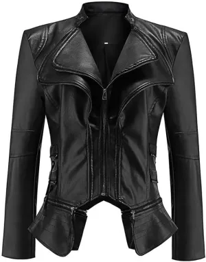 Women Black Faux Leather Jacket Lapel Zipper Jackets Women's Short Moto Biker Coat Blazer Lightweight Coats