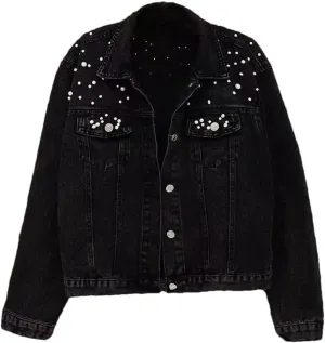 Women Button Cropped Pearls Beaded Denim Jacket Long Sleeve Loose Trucker Denim Jackets
