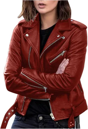 Women Faux Leather Blazer Jackets Zip Lapel Short Motorcycle Bike Coat Belted Hem Fashion Plus Size Pleather Jacket