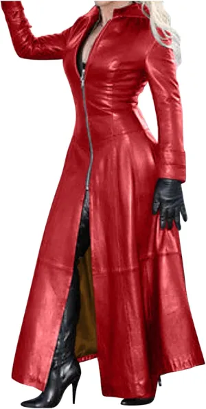 Women Faux Leather Motor Jackets Long Stand Collar Zipper Punk Pleather Dress Coats Windproof Slim Waist Trench Coats