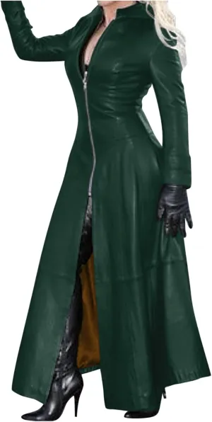 Women Faux Leather Motor Jackets Long Stand Collar Zipper Punk Pleather Dress Coats Windproof Slim Waist Trench Coats