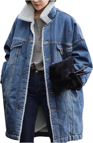 Women Long Fleece Lined Jean Jacket Denim Trench Coat Thicken Button Down Patchwork Trucker Coat Overcoat with Pocket
