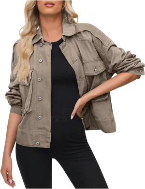 Women Plus Size Cropped Denim Jacket Casual 2024 Button Down Shacket Coat Comfy Multi Pocket Shirt Denim Cargo Jacket