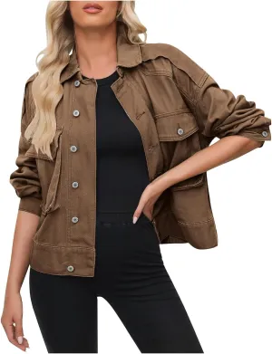 Women Plus Size Cropped Denim Jacket Casual 2024 Button Down Shacket Coat Comfy Multi Pocket Shirt Denim Cargo Jacket