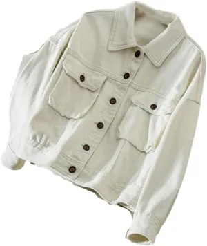 Women Solid Single Breasted Pockets Denim Jacket Long Sleeve Loose Trucker Denim Jackets