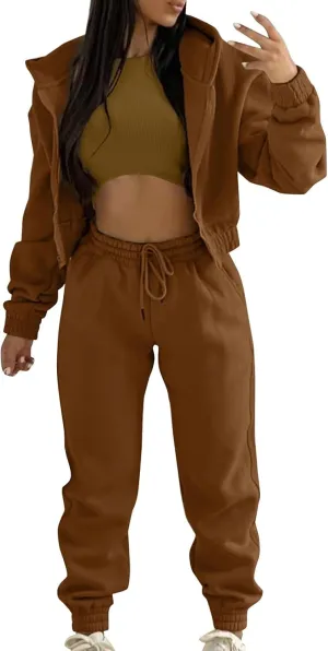 Women Sweatsuits Sets 3 Piece Outfits Fall Winter Zip Up Hoodie Sweatshirt Crop Tank Top Jogger Sweatpants Tracksuit