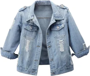 Women's 3/4 Sleeve Distress Slim Crop Denim Jean Coats Washed Button Up Cropped Denim Jackets With Pockets