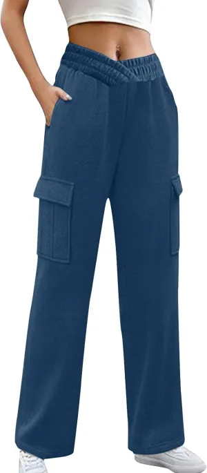 Women's Cargo Sweatpants Elastic High Waist Wide Leg Joggers Pants Baggy Straight Leg Drawstring Trousers with Pockets