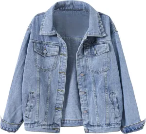 Women's Casual Loose Oversized Denim Jacket Long Sleeved Button Jean Jacket Coat Tops Loose Jean Trucker Jacket