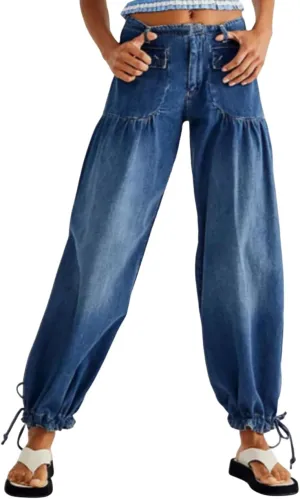 Women's Casual Mid Waist Cargo Jeans Stretch Parachute Denim Pants with Pockets