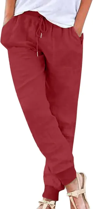 Womens Cotton Linen Jogger Pants Tapered Leg Summer Casual Drawstring Elastic Waist Lightweight Joggers with Pockets