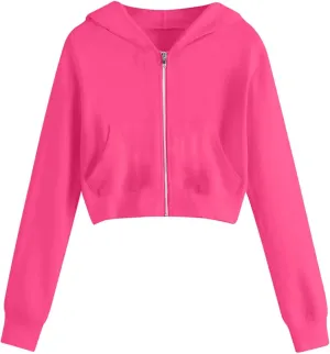 Women's Cropped Full Zipper Hoodie Casual Fleece Sweatshirts Jackets Solid Loose Fit Long Sleeve Y2K Short Outwear