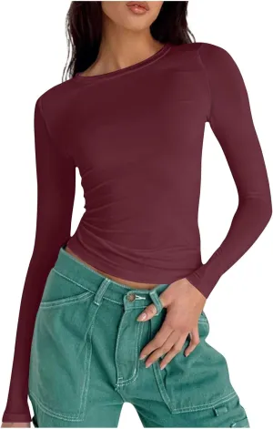 Womens Fashion Sweatshirt Fitted Basic T-shirt Long Sleeves Crewneck Trendy Casual Cropped Top Solid Color Tops Pullover