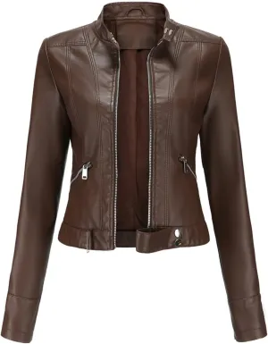 Women's Faux Leather Cropped Jackets Stand Collar Zip Up Oversized Moto Bomber Jackets PU Moto Biker Coat