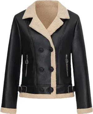 Women's Faux Leather Jackets, Moto Biker Coat, Cropped Fuzzy Sherpa Coats Warm Faux Leather Outerwear