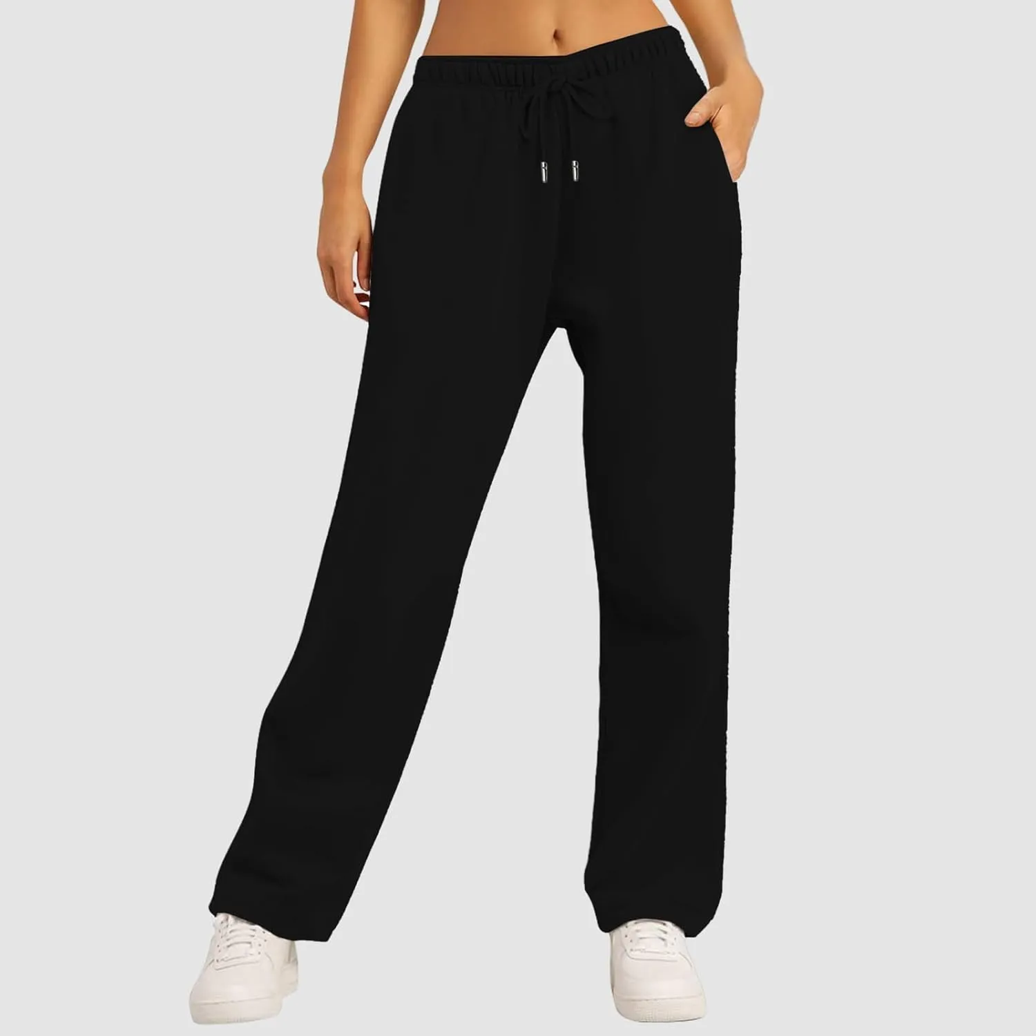 Womens Fleece Lined Sweatpants Baggy Wide Straight Leg Joggers Pants Drawstring High Waisted Workout Yoga Pants with Pockets