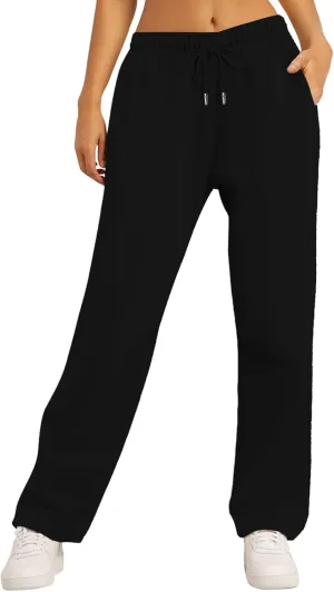 Womens Fleece Lined Sweatpants Baggy Wide Straight Leg Joggers Pants Drawstring High Waisted Workout Yoga Pants with Pockets