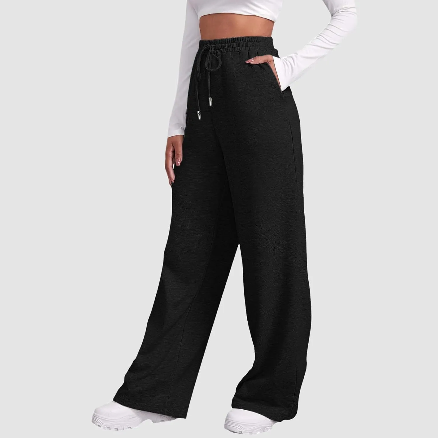 Womens Fleece Lined Sweatpants Baggy Wide Straight Leg Joggers Pants Drawstring High Waisted Workout Yoga Pants with Pockets