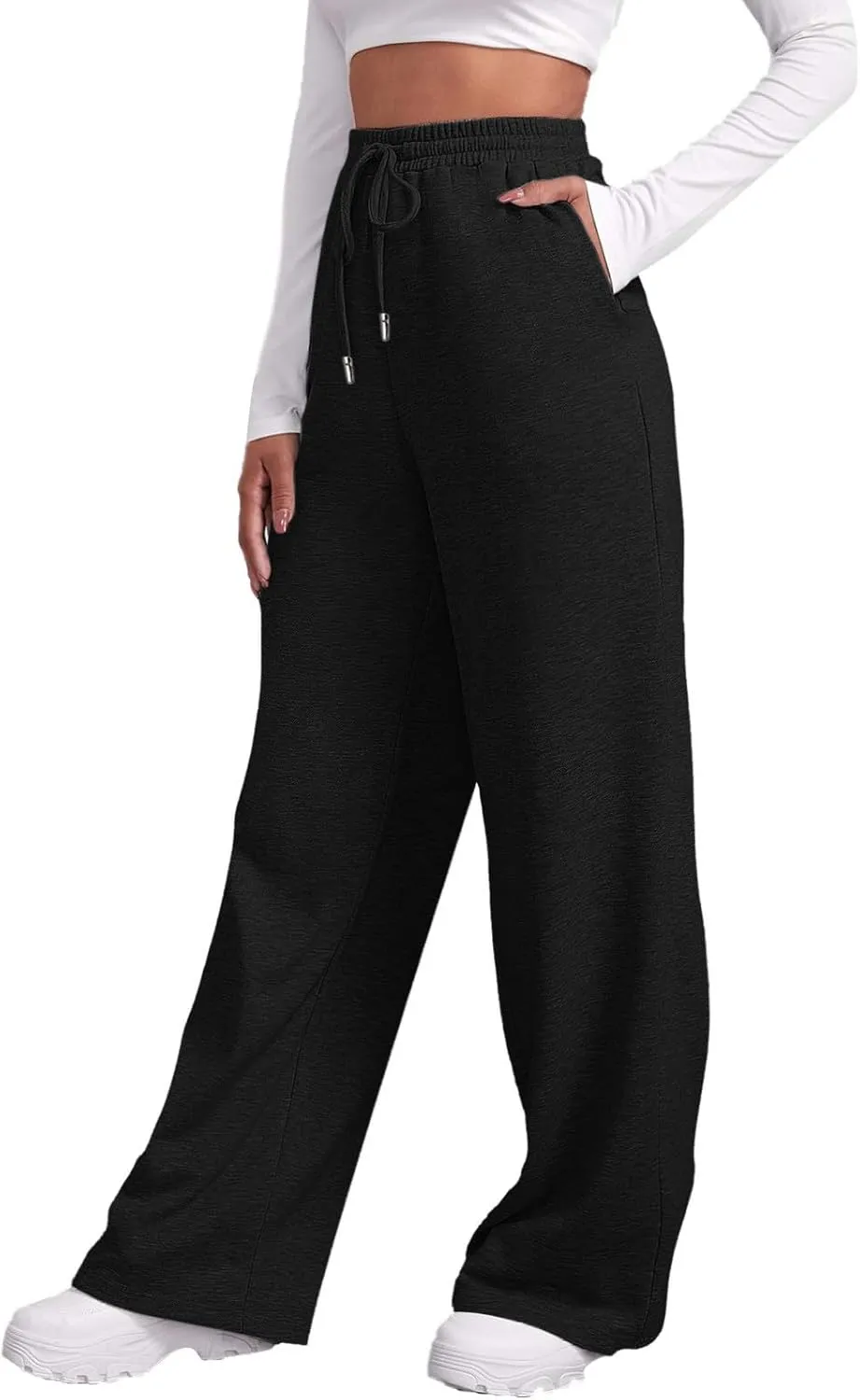 Womens Fleece Lined Sweatpants Baggy Wide Straight Leg Joggers Pants Drawstring High Waisted Workout Yoga Pants with Pockets