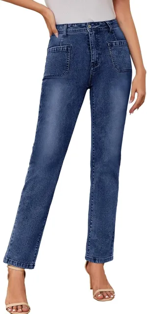 Women's High Waisted Jeans with Patch Pockets Straight Leg Jeans Stretchy Denim Pants for Women