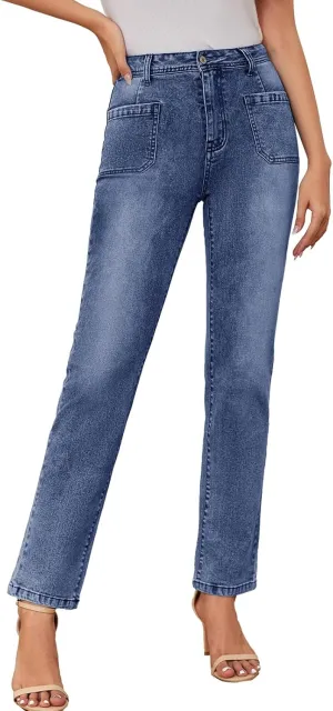 Women's High Waisted Jeans with Patch Pockets Straight Leg Jeans Stretchy Denim Pants for Women