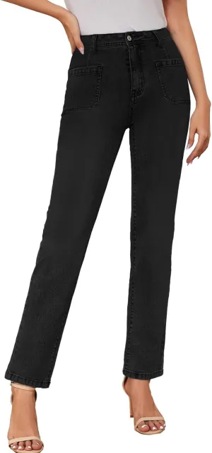 Women's High Waisted Jeans with Patch Pockets Straight Leg Jeans Stretchy Denim Pants for Women
