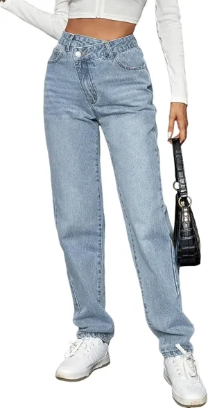 Women's High Waisted Straight Leg Asymmetrical Button Denim Jeans Trendy Long Casual Pants