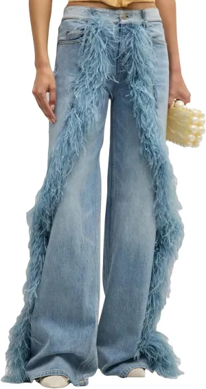 Women's High Waisted Straight Leg Jeans Feather Trim Baggy Trendy Distressed Stretch Denim Pants Streetwear
