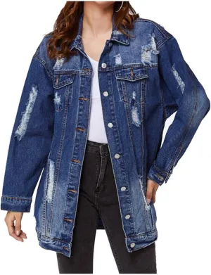 Women's Jean Jacket Oversized Long Sleeve Fashion Casual Jean Coat Distressed Ripped Long Denim Trucker Jacket Fall