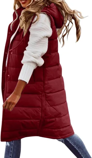 Womens Long Puffer Vest Sleeveless Quilted Hooded Down Coat Lightweight Oversized Jackets Fall Winter Warm Outerwear