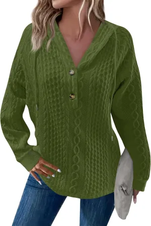 Women's Long Sleeve Hooded Trendy Drawstring Sweatshirt 2024 Button Loose V-Neck Top Comfy Slim Clothes