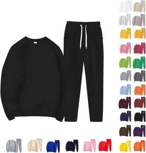 Womens Loose 2 Piece Outfits Drop Shoulder Long Sleeve Crewneck Sweatshirts Casual Solid Color Drawstring Jogging Pants