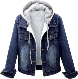 Women's Oversized Denim Hoodie Jackets Classic Casual Stretch Vintage Stretchy Button Down Jean Trucker Denim Jacket