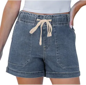 Women's Sexy Stretchy Denim Shorts Summer Loose Fit High Waisted Drawstring Elastic Casual Side Pocket Shorts