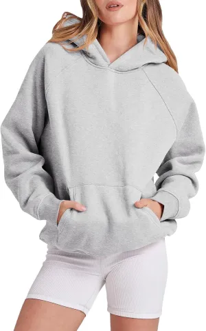 Womens Solid Basic Fleece Loose Hoodie Sweatshirt, Long Sleeve Pocket Drop Shoulder Pullover Top For Teen Girls