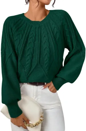 Womens Sweaters Solid Knit Cable Sweater Cable Knit Chunky Pullover Jumper Soft Comfy Crewneck Cropped Tops