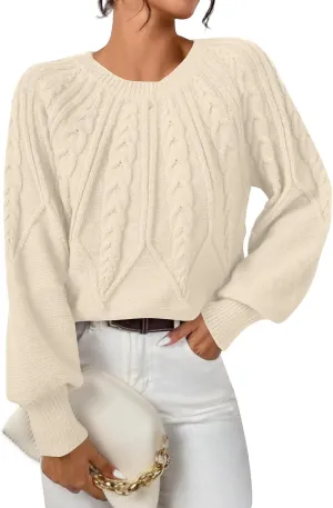 Womens Sweaters Solid Knit Cable Sweater Cable Knit Chunky Pullover Jumper Soft Comfy Crewneck Cropped Tops