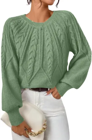 Womens Sweaters Solid Knit Cable Sweater Cable Knit Chunky Pullover Jumper Soft Comfy Crewneck Cropped Tops