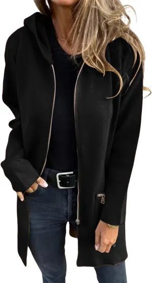 Womens Trench Coat Full Zipper Hooded Jacket Casual Long Sleeve Jacket Winter Trendy Coat Lightweight Pea Coat