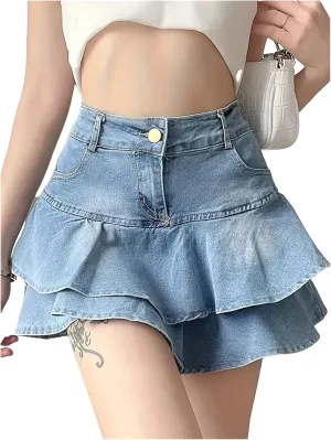 Womens Vintage Denim Shorts Skirts Streetwear Washed Kawaii Ruffles Mini Jeans Skort
