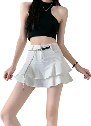 Womens Vintage Denim Shorts Skirts Streetwear Washed Kawaii Ruffles Mini Jeans Skort