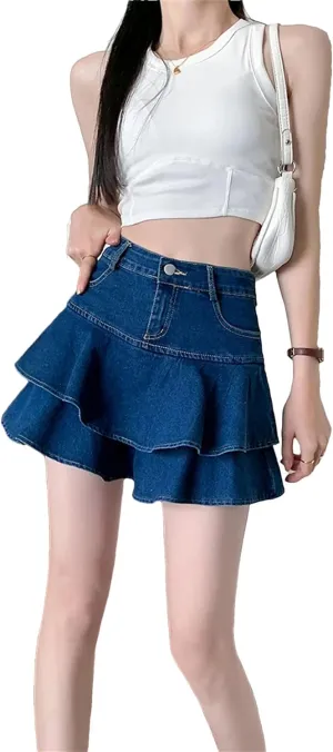 Womens Vintage Denim Shorts Skirts Streetwear Washed Kawaii Ruffles Mini Jeans Skort