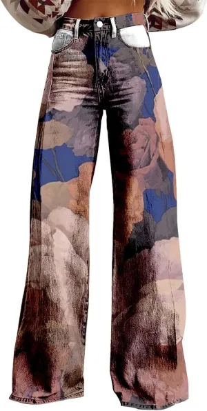 Womens Vintage Floral Print Y2K Pants Casual High Waisted Button Wide Leg Pants Retro Graphic Printed Plus Size Pants