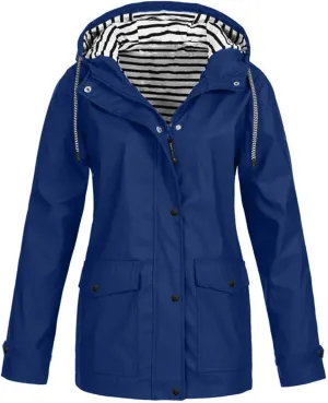 Womens Waterproof Jacket Striped Lined Hooded Lightweight Raincoat Active Outdoor Rain Jacket