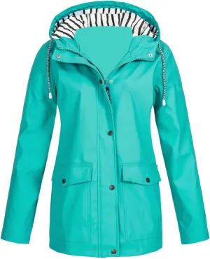 Womens Waterproof Rain Jacket Lightweight Zip Up Long Hooded Windbreaker Jacket Active Outdoor Raincoat